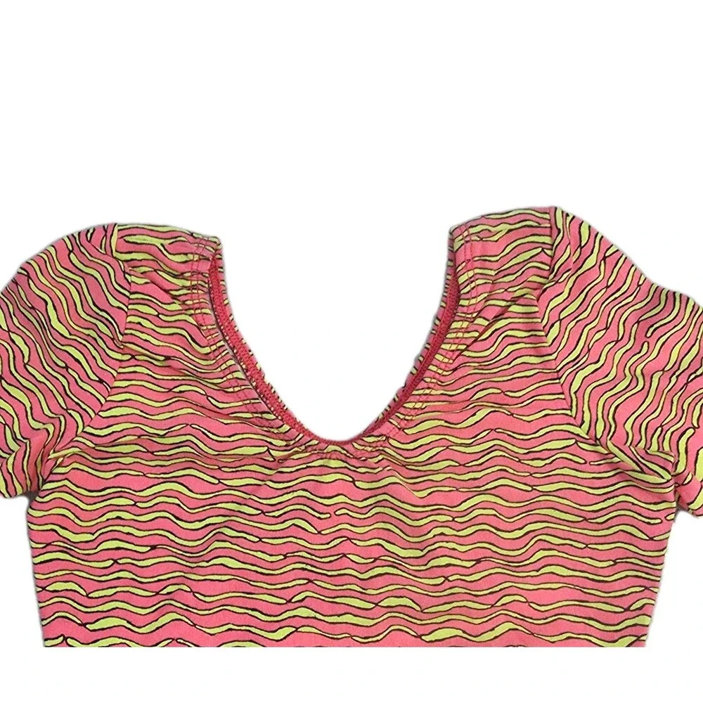 GK Elite VTG 90s Neon Zig Zag Zebra LS Cotton Leotard Bodysuit Pink AXS Adult XS